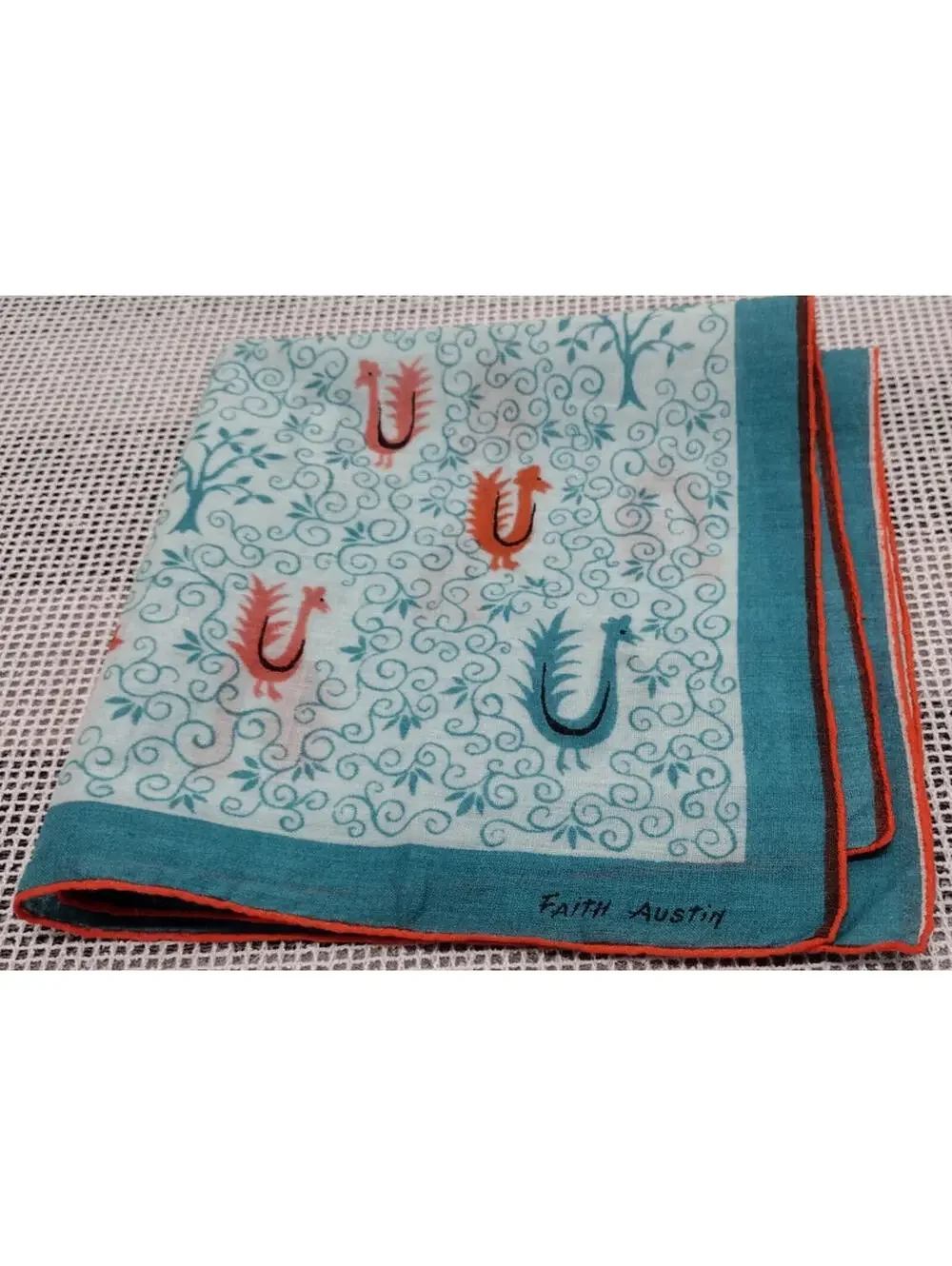 1950s Hankie FAITH AUSTIN Mid Century Colors Birds Peacock Rooster Rare Birds